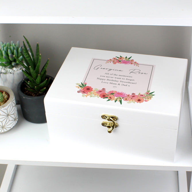 Personalised Floral Wishes White Wooden Keepsake Box