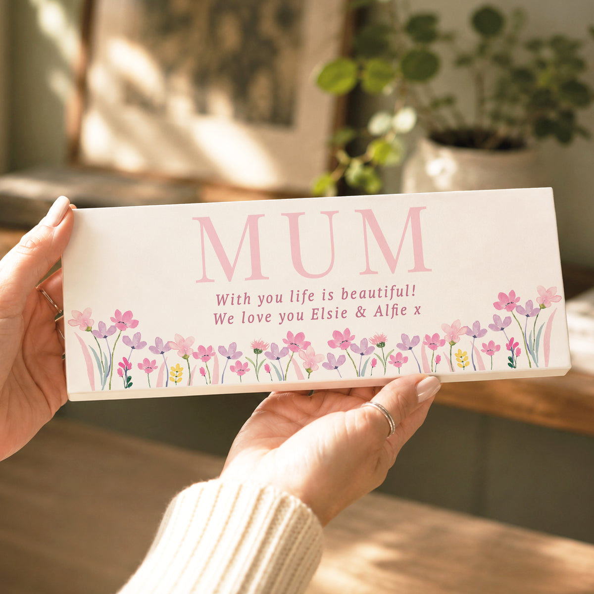 Personalised Floral Wooden Mum Ornament (Pink)