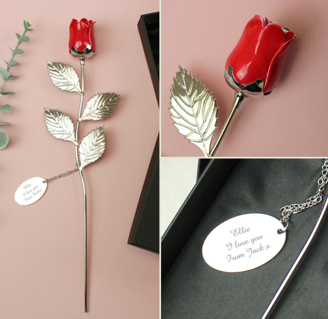 Personalised Free Text Silver Plated Red Rose