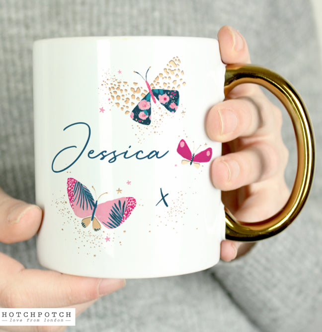 Personalised Butterfly Gold Handle Mug