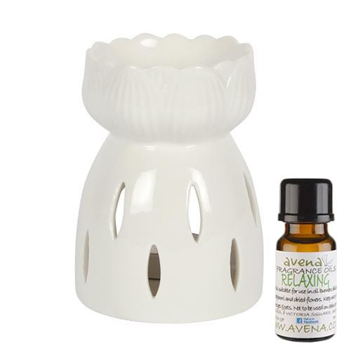 Lotus Flower Oil Burner White With 10ml Relaxing Fragrance Oil