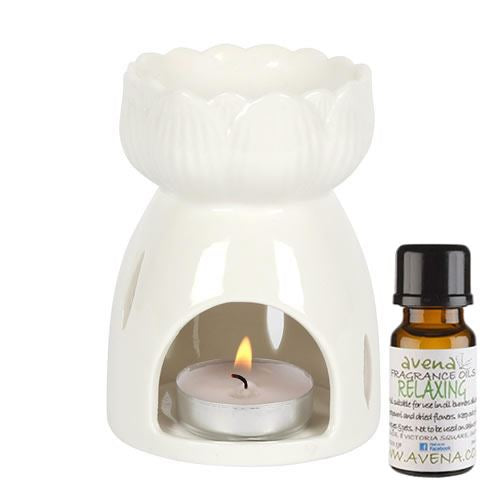 Lotus Flower Oil Burner White With 10ml Relaxing Fragrance Oil