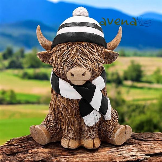 Highland Cow With Black and White Hat & Scarf In Gift Box 12cm