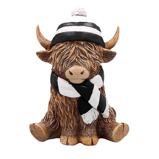 Highland Cow With Black and White Hat & Scarf In Gift Box 12cm