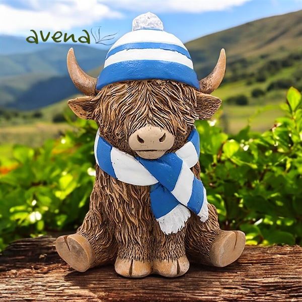 Highland Cow With Blue and White Hat & Scarf In Gift Box 12cm