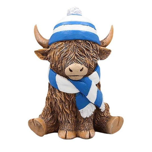 Highland Cow With Blue and White Hat & Scarf In Gift Box 12cm