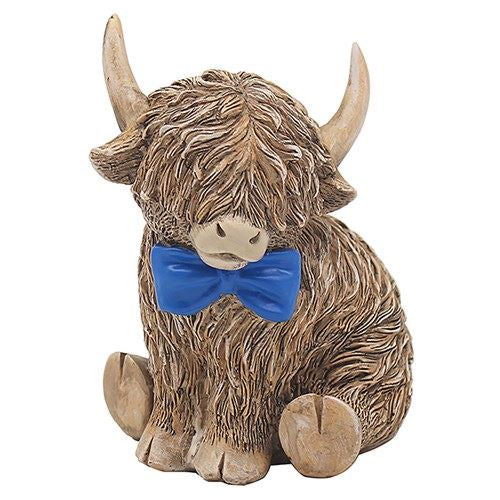 Highland Cow With Blue Bow Tie In Gift Box 12cm
