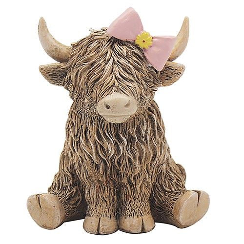 Highland Cow With Pink Bow Tie In Gift Box 12cm