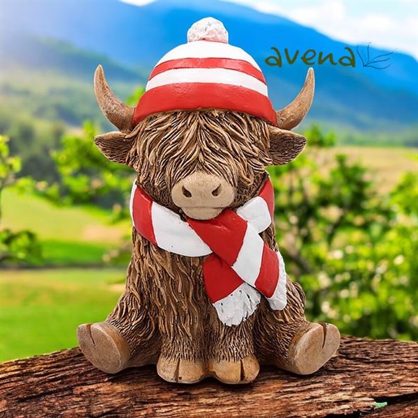 Highland Cow With Red and White Hat & Scarf In Gift Box 12cm