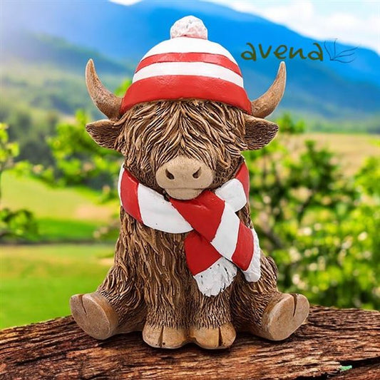 Highland Cow With Red and White Hat & Scarf In Gift Box 12cm