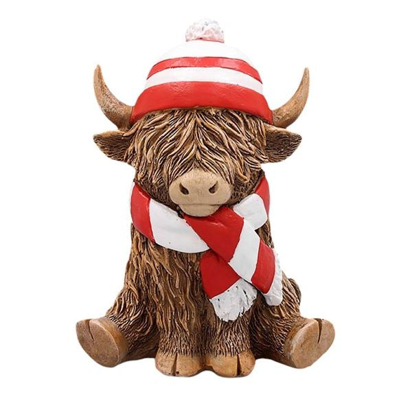 Highland Cow With Red and White Hat & Scarf In Gift Box 12cm