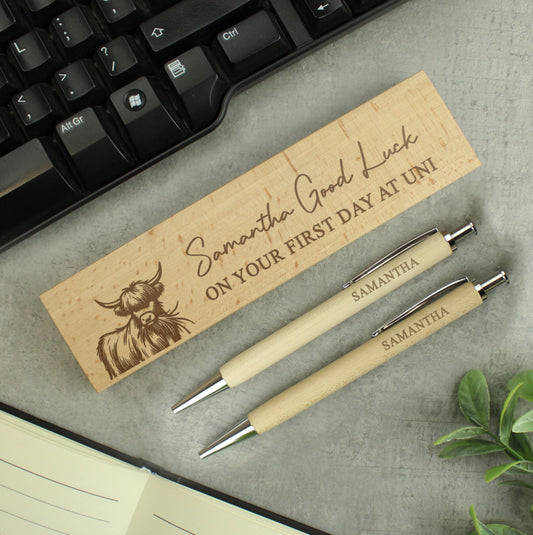 Personalised Highland Cow Wooden Pen & Pencil Set