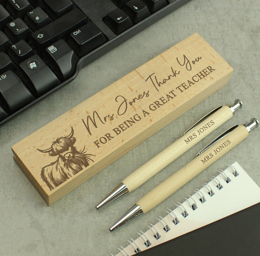 Personalised Highland Cow Wooden Pen & Pencil Set