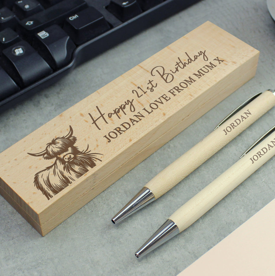Personalised Highland Cow Wooden Pen & Pencil Set