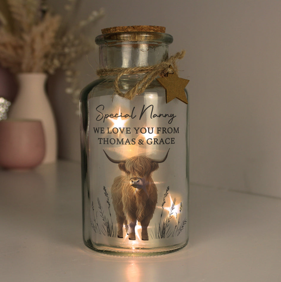Personalised Highland Cow LED Light Up Jar