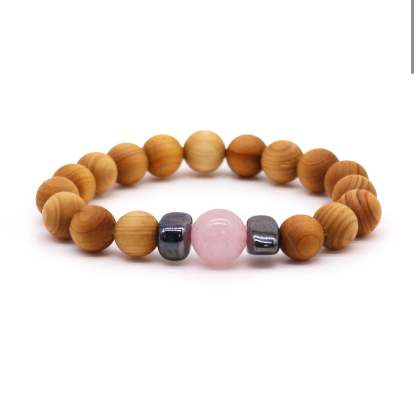 Cedarwood Heart Chakra Bangle with Rose Quartz