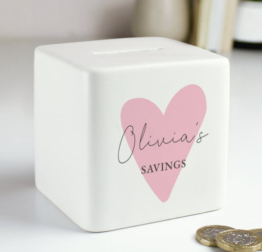 Personalised Pink Heart Ceramic Square Money Box