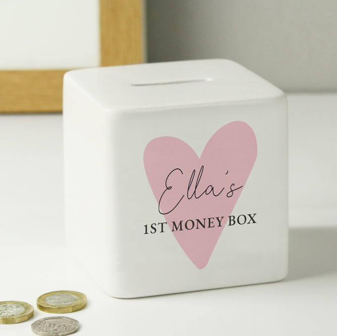 Personalised Pink Heart Ceramic Square Money Box