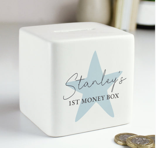 Personalised Blue Star Ceramic Square Money Box