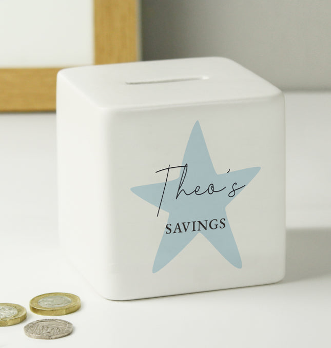 Personalised Blue Star Ceramic Square Money Box