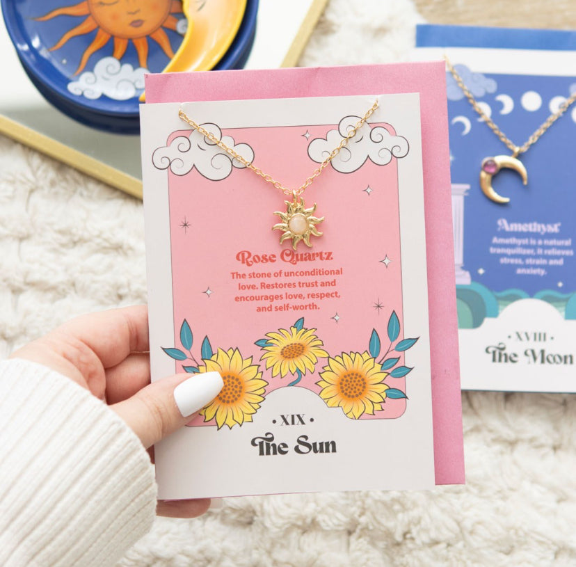 The Sun Celestial Rose Quartz Necklace Card