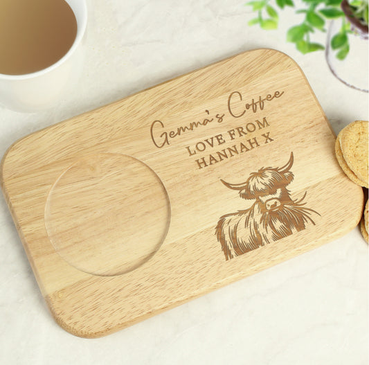Personalised Highland Cow Wooden Coaster Tray