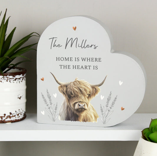 Personalised Highland Cow Wooden Heart Ornament