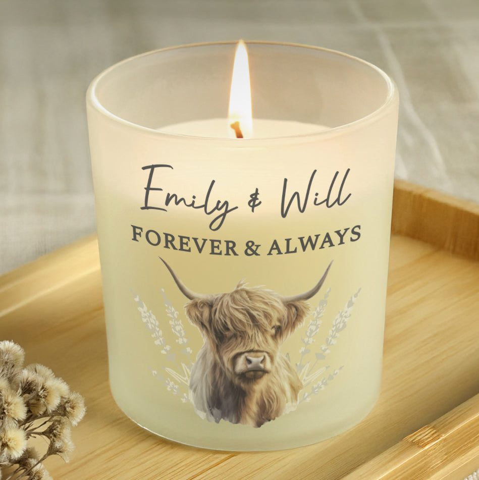 Personalised Highland Cow Frosted Glass Candle
