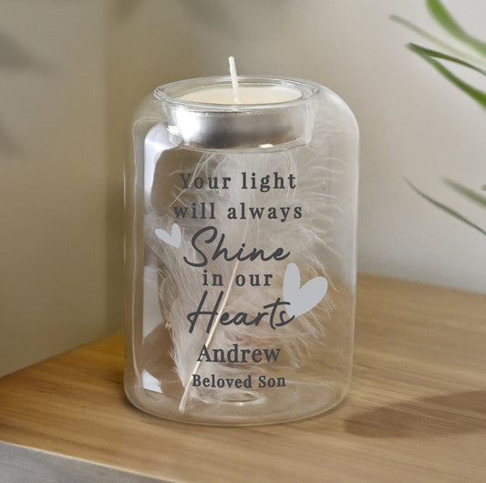 Personalised In Our Hearts Memorial Feather Tealight Holder