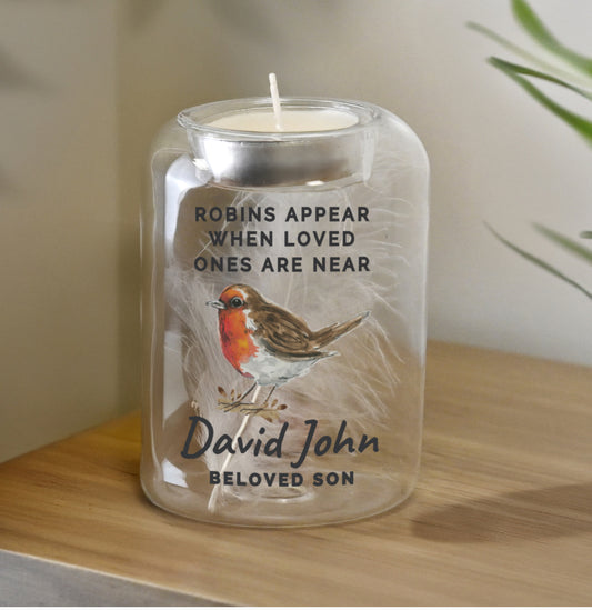 Personalised Robin Memorial Feather Tealight Holder