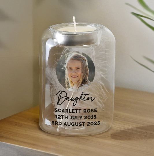 Personalised Photo Upload Memorial Feather Tealight Holder