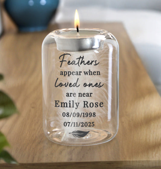 Personalised Loved Ones Memorial Feather Tealight Holder