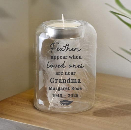 Personalised Loved Ones Memorial Feather Tealight Holder
