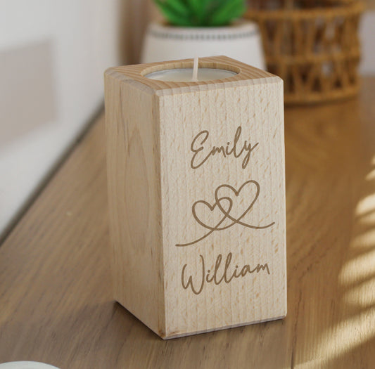 Personalised Engraved Hearts Wooden Tealight Holder