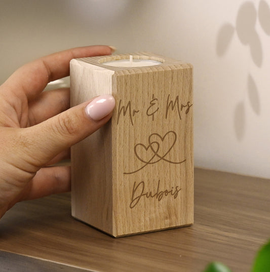 Personalised Engraved Hearts Wooden Tealight Holder
