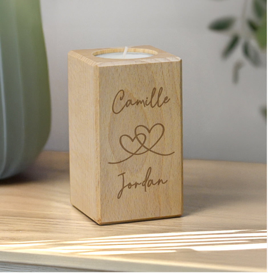 Personalised Engraved Hearts Wooden Tealight Holder