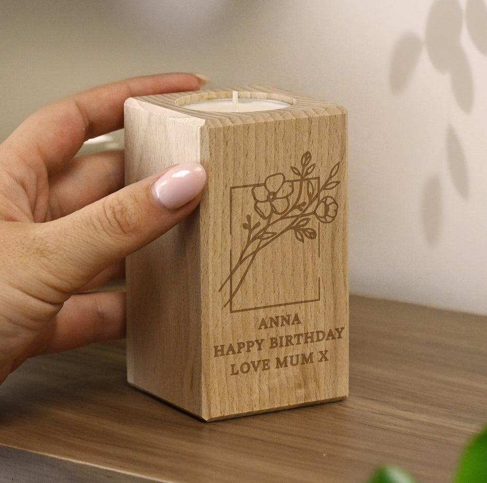 Personalised Floral Bouquet Wooden Tealight Holder