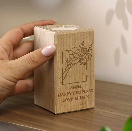 Personalised Floral Bouquet Wooden Tealight Holder