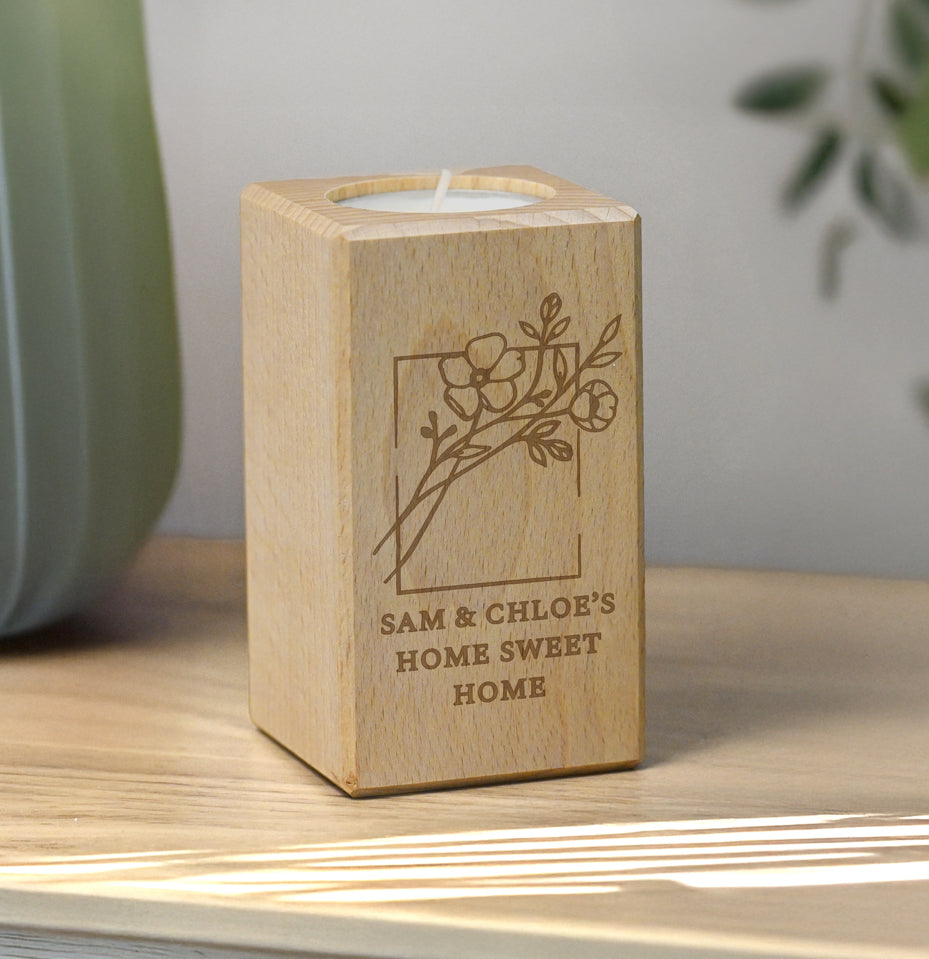 Personalised Floral Bouquet Wooden Tealight Holder