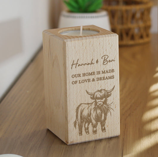 Personalised Highland Cow Wooden Tealight Holder