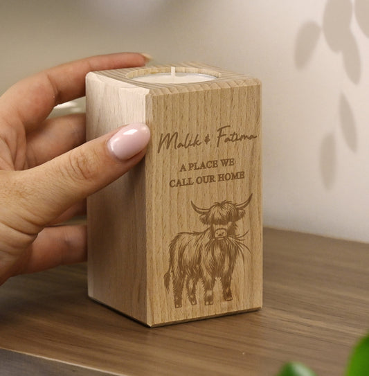 Personalised Highland Cow Wooden Tealight Holder