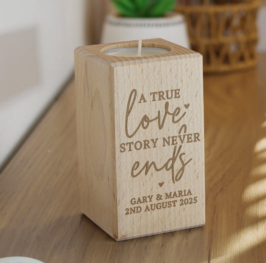 Personalised Love Story Wooden Tealight Holder