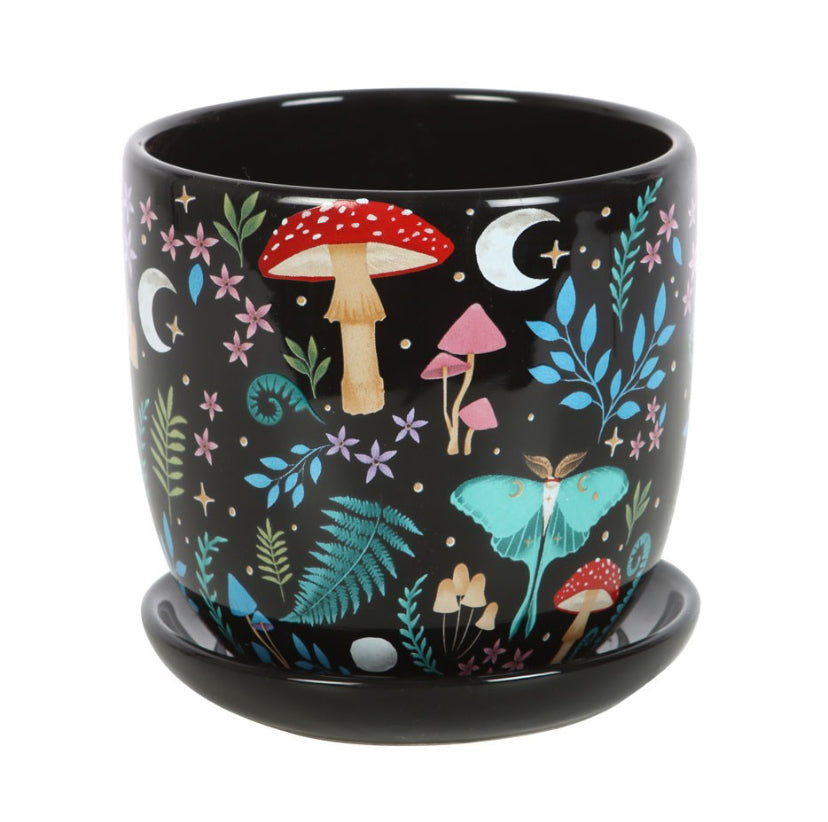 Dark Forest Print Ceramic Plant Pot with Saucer