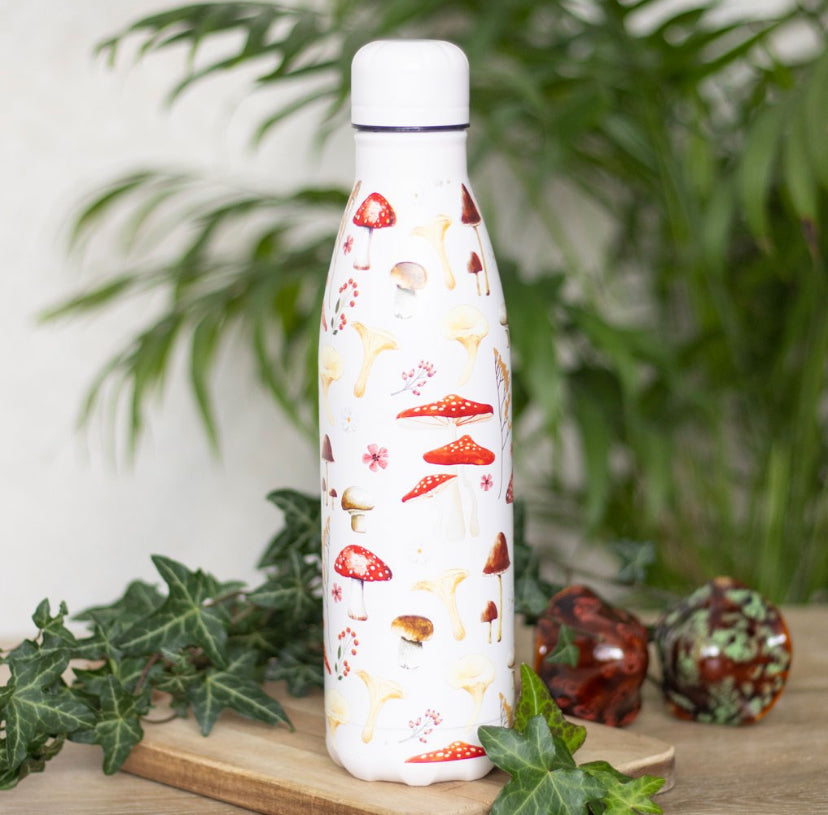 All Over Mushroom Print Metal Water Bottle