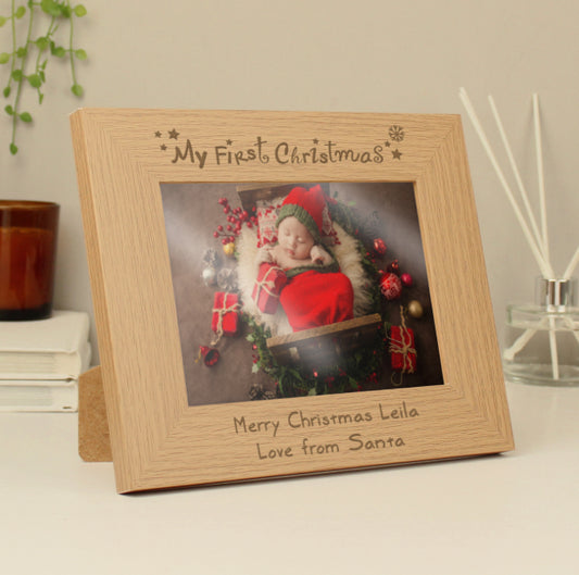 Personalised My First Christmas 5x7 Landscape Oak Photo Frame