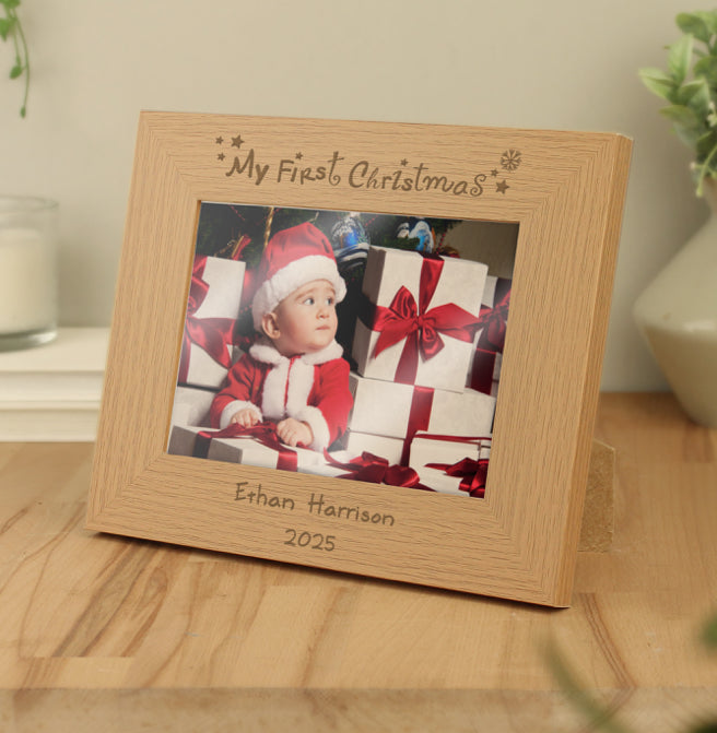 Personalised My First Christmas 5x7 Landscape Oak Photo Frame