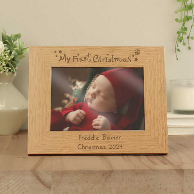 Personalised My First Christmas 5x7 Landscape Oak Photo Frame