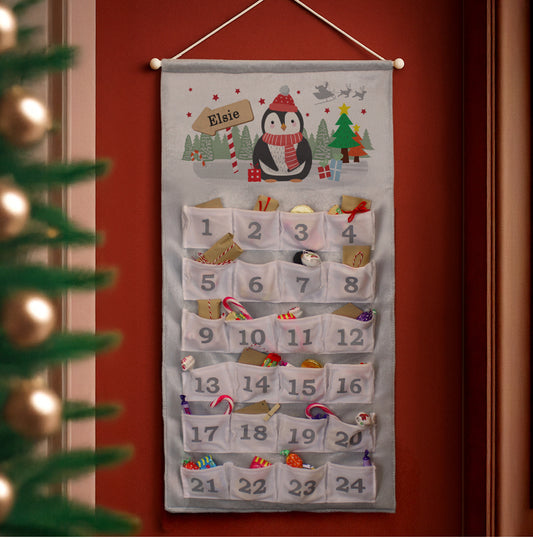 Personalised Christmas Penguin Advent Calendar In Silver Grey