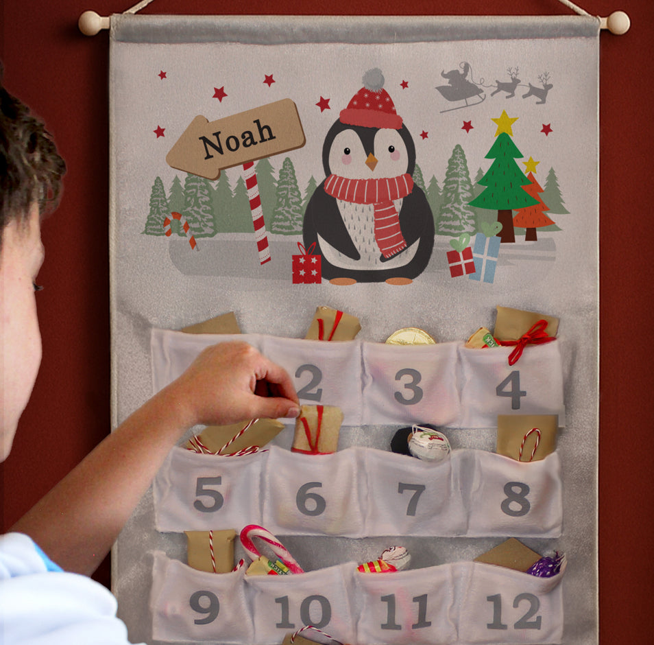 Personalised Christmas Penguin Advent Calendar In Silver Grey