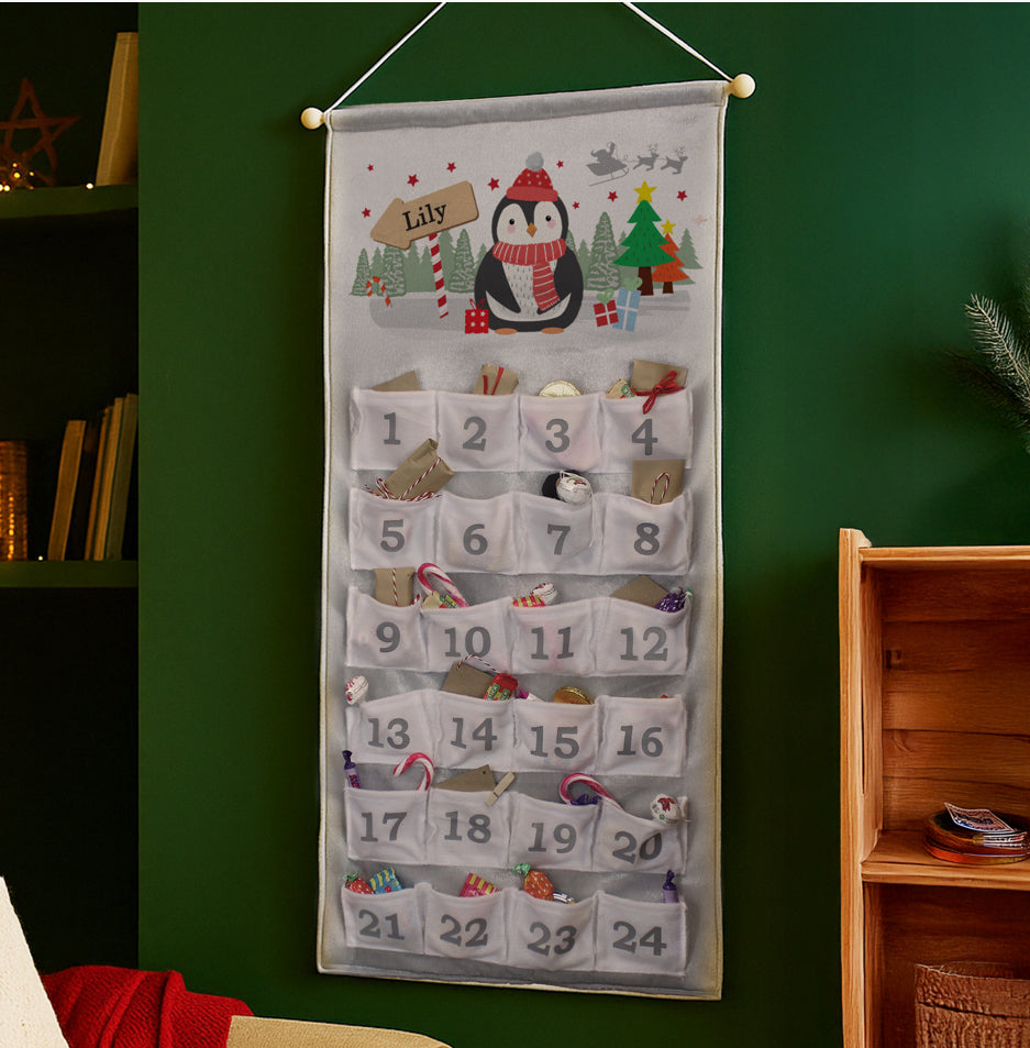 Personalised Christmas Penguin Advent Calendar In Silver Grey